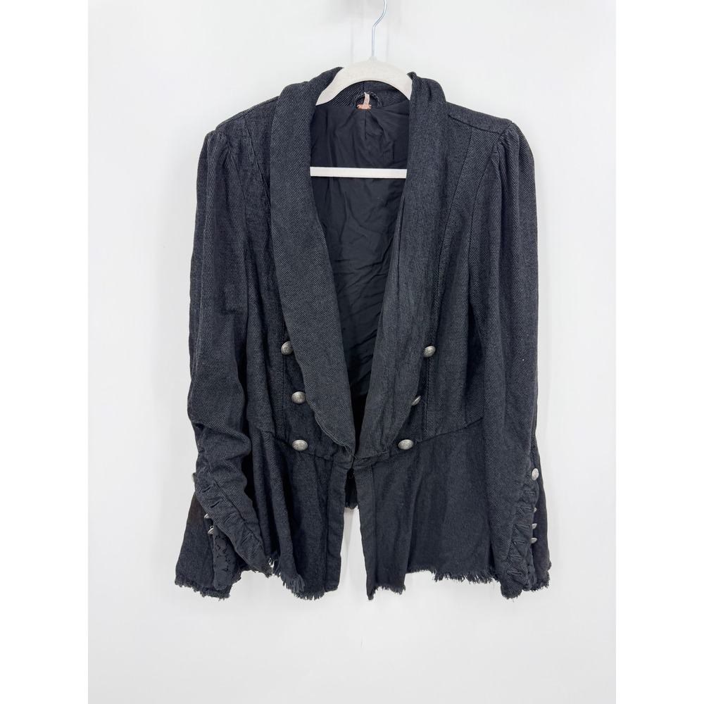 Free People throwback Military Peplum Blazer sz M Black Lace Trim Crest Button